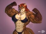  abs agonwolfe anthro big_muscles bikini clothing double_biceps_pose ear_piercing ear_ring female hair heterochromia hi_res highlights_(coloring) huge_muscles humanoid hyper hyper_muscles jewelry looking_at_viewer mammal muscular muscular_anthro muscular_female mustelid necklace otter piercing red_hair ring_piercing solo swimwear wristband 