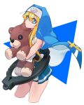  1boy bike_shorts blonde_hair blue_eyes bridget_(guilty_gear) cross cuffs guilty_gear guilty_gear_xx habit handcuffs highres latin_cross looking_at_viewer male_focus mars_symbol nun otoko_no_ko roger_(guilty_gear) short_hair_with_long_locks stuffed_animal stuffed_toy teddy_bear toyogaippai 