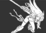  1girl :o arm_ribbon armband bangs grey_background greyscale gundam gundam_00 gundam_exia hair_between_eyes holding holding_sword holding_weapon humanization leaning_forward leg_ribbon leg_up long_hair mecha_musume monochrome navel panties ribbon shinjou_satomi sidelocks simple_background solo sword thigh_ribbon thigh_strap underwear v-fin weapon 