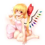  1girl alternate_costume bare_shoulders barefoot blonde_hair blush bow camisole collarbone crystal eating fang flandre_scarlet food full_body gradient_background hair_between_eyes hair_bow highres holding holding_food ice_cream long_hair looking_at_viewer marukyuu_ameya multicolored_wings nail_polish no_headwear nose_blush panties pillow pink_camisole pink_panties red_bow red_eyes red_nails side_ponytail simple_background skin_fang solo toenail_polish toenails touhou underwear wings 