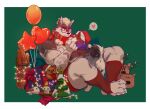  1boy :p absurdres affectionate alternate_costume animal_ears animal_on_lap bad_id bad_weibo_id balloon bara beenic bespectacled christmas dog dog_boy dog_ears full_body furry furry_male gift_card glasses gyee heart heart_balloon highres kuroshima_kurishiro_(muyi24108414) male_focus merry_christmas muscular muscular_male on_lap original red_scarf red_shorts round_eyewear scarf short_hair shorts smile snowman solo spoken_heart thick_eyebrows thick_thighs thighs tongue tongue_out winter_clothes 