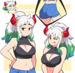  1girl ;) ;p ass bare_arms blue_hair blue_shorts breasts cleavage cleavage_cutout closed_eyes closed_mouth clothing_cutout dashi earrings green_hair grin hand_on_hip highres horns jewelry long_hair looking_at_viewer midriff multicolored_hair multiple_views navel one_eye_closed one_piece orange_eyes ponytail red_horns shorts sidelocks smile tongue tongue_out white_hair yamato_(one_piece) 
