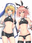  2boys animal_ears aqua_eyes astolfo_(fate) astolfo_(saber)_(fate) bike_shorts black_bow blonde_hair bow braid bridget_(guilty_gear) covered_nipples covered_testicles crop_top crossover cuffs fang fate/grand_order fate_(series) fingerless_gloves gloves guilty_gear guilty_gear_xx habit highres long_braid long_hair looking_at_viewer male_focus mars_symbol momoyama_minto multicolored_hair multiple_boys navel nun otoko_no_ko pectorals pink_eyes pink_hair rabbit_ears short_hair_with_long_locks single_braid streaked_hair white_hair 