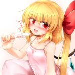  1girl alternate_costume bare_shoulders barefoot blonde_hair blush bow camisole collarbone crystal eating fang flandre_scarlet food gradient_background hair_between_eyes hair_bow highres holding holding_food ice_cream long_hair looking_at_viewer marukyuu_ameya multicolored_wings nail_polish no_headwear nose_blush open_mouth panties pillow pink_camisole pink_panties red_bow red_eyes red_nails side_ponytail simple_background skin_fang solo touhou underwear wings 
