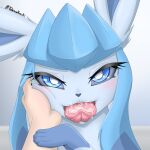  1:1 2023 absurd_res alternate_version_at_source ambiguous_focus ambiguous_gender blue_body blue_eyes blue_fur blush bodily_fluids cum cum_in_mouth cum_inside cum_on_tongue curled_tongue cute_fangs digital_media_(artwork) disembodied_hand duo eeveelution eyelashes feral feral_focus first_person_view fur generation_4_pokemon genital_fluids glaceon grey_sclera half-closed_eyes hi_res human looking_at_viewer male male/ambiguous mammal mouth_shot narrowed_eyes naughty_face nintendo open_mouth paw_on_arm pink_tongue pokemon pokemon_(species) saliva saliva_on_tongue solo_focus tongue tongue_out tuberosekotoki 