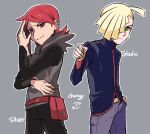  0_0box 2boys ahoge bangs belt_buckle black_pants black_shirt blonde_hair buckle character_name closed_mouth cosplay costume_switch fanny_pack gladion_(pokemon) gladion_(pokemon)_(cosplay) green_eyes grey_background grey_vest hair_over_one_eye hood hooded_vest hoodie jacket male_focus multiple_boys pants pointing pokemon pokemon_(game) pokemon_hgss pokemon_sm red_bag red_eyes red_hair shirt short_hair silver_(pokemon) silver_(pokemon)_(cosplay) simple_background smile vest 