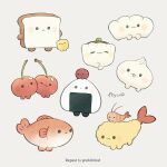  :&lt; :3 :o =_= artist_name ayu_(mog) baozi blush blush_stickers bread bread_slice butter cheek-to-cheek cherry closed_eyes closed_mouth commentary_request english_commentary fish food food_focus food_request fruit heads_together mixed-language_commentary no_humans one_eye_closed onigiri original shrimp shrimp_tempura solid_circle_eyes tempura umeboshi watermark 