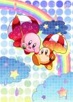  :d absurdres blue_eyes blush blush_stickers brown_eyes cloud commentary_request copy_ability full_body halftone highres holding holding_hands holding_umbrella kirby kirby_(series) no_humans open_mouth parasol parasol_kirby polka_dot polka_dot_background rainbow smile star_(symbol) umbrella waddle_dee water_drop yupiteru 