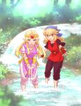  2girls ahoge armband bandana black_pants blonde_hair blue_bandana blue_eyes blush cadence_(necrodancer) cadence_of_hyrule crypt_of_the_necrodancer dress fingerless_gloves forest gloves green_eyes highres long_hair multiple_girls nature open_mouth outdoors pants pink_dress pink_pants pointy_ears princess princess_zelda short_sleeves stream the_legend_of_zelda wading water water_in_hands yumechi 