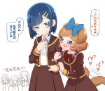  5girls =_= afterimage animal_ears arm_grab bangs blood blue_bow blue_eyes blue_hair blue_ribbon blunt_bangs blunt_ends blush blush_stickers bob_cut bow bowtie brooch brown_hair brown_jacket brown_skirt delicious_party_precure dog_ears dog_girl dog_tail dress_shirt endou_iroha fuwa_kokone green_eyes hair_bow hair_ornament hairband hairclip half-closed_eyes hand_on_own_chest heart jacket jewelry kohsaka_jun long_sleeves looking_at_another low_twintails motion_lines multiple_girls nagase_ena neck_ribbon nosebleed open_mouth pam-pam_(precure)_(human) precure red_bow red_bowtie ribbon school_uniform shinsen_middle_school_uniform shirt simple_background skirt smile tail tail_wagging takada_risa twintails white_background white_shirt wing_collar 