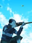  1boy aiming animal bandaid bandaid_on_face bandaid_on_nose black_hair black_shorts facial_mark finger_on_trigger flying from_side gun hands_up highres holding holding_gun holding_weapon jacket long_sleeves looking_away male_focus mashimo_heisuke pisuke_(sakamoto_days) profile rifle sakamoto_days short_hair shorts sky sniper_rifle spiked_hair target umi_meteo weapon 