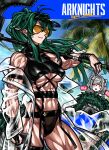  2girls abs absurdres ahoge arknights bare_shoulders blue_sky breasts character_name character_request closed_mouth copyright_name covered_nipples gavial_(arknights) glasses green_hair grey_hair heart heart-shaped_eyes highres holding holding_weapon large_breasts light_smile multiple_girls muscular muscular_female over_shoulder palm_tree pointy_ears scales sky solo_focus standing tail tree underboob veins visor_cap weapon weapon_over_shoulder yotaro 
