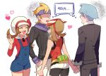  0_0box 2boys 2girls bike_shorts bike_shorts_under_shorts blonde_hair blue_hair blue_overalls bow bow_hairband brown_hair buttons cabbie_hat commentary hairband hand_in_pocket hand_up hat hat_bow headband heart holding_hands jacket korean_text long_hair long_sleeves lyra_(pokemon) may_(pokemon) morty_(pokemon) multiple_boys multiple_girls no_eyes overalls pants pokemon pokemon_(game) pokemon_hgss pokemon_oras purple_headband purple_scarf red_bow red_shirt ribbed_sweater scarf shirt short_shorts shorts sleeveless sleeveless_shirt steven_stone sweater thought_bubble translation_request twintails white_headwear white_shorts 