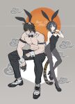  1boy 1girl animal_ears arknights black_hair black_leggings black_pants bow bowtie broca_(arknights) cat_ears cat_tail highres la_pluma_(arknights) leggings leotard muscular muscular_male pants platform_footwear platform_heels playboy_bunny rabbit_ears strapless strapless_leotard tail topless_male zerg_(z79438659) 