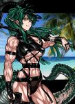  1girl abs absurdres arknights bare_shoulders blue_sky breasts character_name closed_mouth copyright_name covered_nipples gavial_(arknights) green_hair highres holding holding_weapon large_breasts light_smile muscular muscular_female over_shoulder palm_tree pointy_ears scales sky solo standing tail tree underboob veins visor_cap weapon weapon_over_shoulder yotaro 