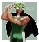  1boy absurdres animal_ears bara black_hair bulge covered_abs cow_ears cow_horns dark-skinned_male dark_skin facial_hair fake_animal_ears feet_out_of_frame flexing gakuran goatee hand_on_own_arm hands_up highres horns ikusaba_daisuke jacket jacket_on_shoulders large_pectorals male_focus muscular muscular_male neumo pectoral_cleavage pectorals school_uniform singlet smile solo taurus_mask tokyo_afterschool_summoners translation_request wrestling_mask wrestling_outfit 