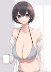  1girl absurdres bangs bikini black_hair blue_bikini breasts cleavage cup earrings highres holding holding_cup jewelry large_breasts looking_at_viewer mug navel off_shoulder open_clothes open_shirt original rucchiifu short_hair solo swimsuit 