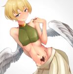  1boy androgynous angel_wings aqua_eyes bare_shoulders blonde_hair candy chocolate chocolate_on_body doro9363 elona feathered_wings food food_on_body heart heart-shaped_chocolate highres kumiromi_of_harvest looking_at_viewer male_focus navel otoko_no_ko short_hair smile valentine white_wings wings 