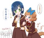  +_+ 5girls :d =_= afterimage animal_ears arm_grab bangs blood blue_bow blue_eyes blue_hair blue_ribbon blunt_bangs blunt_ends blush blush_stickers bob_cut bow bowtie brooch brown_hair brown_jacket brown_skirt delicious_party_precure dog_ears dog_girl dog_tail dress_shirt endou_iroha fuwa_kokone green_eyes hair_bow hair_ornament hairband hairclip hand_on_own_chest heart jacket jewelry kohsaka_jun long_sleeves looking_at_another low_twintails motion_lines multiple_girls nagase_ena neck_ribbon nosebleed open_mouth pam-pam_(precure)_(human) precure red_bow red_bowtie ribbon school_uniform shinsen_middle_school_uniform shirt simple_background skirt smile star_(symbol) tail tail_wagging takada_risa triangle_mouth twintails white_background white_shirt wing_collar 
