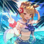  1girl animal_ears arm_up bangs blonde_hair blue_bow blue_bowtie blue_shorts blurry blurry_foreground bow bowtie brown_eyes crop_top day flower granblue_fantasy hair_flower hair_ornament hand_up hat honda_tamanosuke horizon jacket looking_at_viewer navel ocean official_alternate_costume open_clothes open_jacket open_mouth outdoors sailor_collar scrunchie shirt short_hair shorts sleeveless solo upper_body v vajra_(granblue_fantasy) vajra_(summer)_(granblue_fantasy) water_drop white_headwear white_shirt wrist_scrunchie 