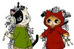  2boys :3 animal_ears animal_hands animal_hood background_text cat cat_ears cat_tail furry green_jacket headphones holding hood hood_up hooded_jacket hoodie jacket key matryoshka_(vocaloid) momo_se multiple_boys neko_mix_genkitan_toraji parody red_hoodie style_parody tagme tail upper_body white_background wide_shot 