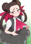  1girl afrobull blush breasts brown_hair dress hair_pulled_back highres long_hair looking_at_viewer nipple_slip nipples open_mouth pantyhose pokemon pokemon_(game) pokemon_rse red_eyes roxanne_(pokemon) shirt solo twintails undressing 