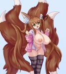  !? 1girl :d animal_ear_fluff animal_ears blush breast_expansion breasts brown_hair cardigan commission fang fox_ears fox_girl fox_tail green_eyes highres huge_breasts lactation large_breasts long_hair multiple_tails nav_(itsnav) nipples open_cardigan open_clothes open_mouth open_shirt original pink_cardigan plump plushmallow shortstack smile solo striped striped_thighhighs tail thick_thighs thighhighs thighs twintails very_long_hair 