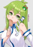  1girl antenna_hair bangs blue_bow blush body_blush bow breasts collared_shirt commentary_request crossed_bangs dated detached_sleeves dildo fellatio frog_hair_ornament green_eyes green_hair grey_background hair_between_eyes hair_ornament holding holding_sex_toy kei_jiei kochiya_sanae large_breasts long_hair looking_at_viewer open_mouth oral saliva sex_toy shiny_skin shirt sideboob sidelocks simple_background single_hair_tube sleeve_bow sleeveless sleeveless_shirt snake_hair_ornament solo touhou upper_body white_shirt white_sleeves 