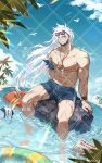  1boy abs absurdres alchemy_stars alternate_costume bara beach blue_male_swimwear character_request eyewear_on_head feet_out_of_frame highres jewelry kotakun large_pectorals long_hair male_focus male_swimwear muscular muscular_male necklace nipples pectorals scar sitting smile solo sparkle stomach sunglasses swim_trunks thighs topless_male water white_hair 