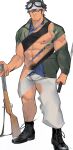  1boy abs absurdres bandaid bandaid_on_face bandaid_on_nose bara black_tank_top expressionless facial_hair full_body goatee goggles goggles_on_head gun highres large_pectorals laserbiubiu leg_hair long_sideburns male_focus male_pubic_hair muscular muscular_male nipples original pectorals planted pubic_hair revealing_layer rifle shoes short_hair sideburns solo standing stomach stubble tank_top thighs underpec weapon 