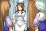  3girls alternate_costume animal_ears bow breasts brown_hair chef chef_hat grass_wonder_(umamusume) green_bow green_hair hand_on_hip hat highres holding horse_ears horse_girl horse_tail impossible_clothes indoors king_halo_(umamusume) kumiyabe large_breasts long_hair manatsu_no_yo_no_inmu multiple_girls one_side_up orange_hair school_uniform seiun_sky_(umamusume) short_hair tail tracen_school_uniform umamusume 