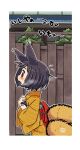  1girl animal_ears bangs black_hair bob_cut border fence fox_ears fox_girl fox_tail japanese_clothes kimono kukuri_(mawaru) long_sleeves mawaru_(mawaru) multiple_tails obi open_mouth orange_kimono original outdoors red_eyes sash short_hair solo striped striped_kimono tail white_border wooden_fence 