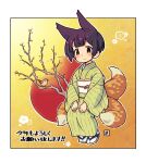  1girl animal_ears bangs black_hair bob_cut border closed_mouth fox_ears fox_girl fox_tail full_body japanese_clothes kimono kukuri_(mawaru) long_sleeves looking_at_viewer mawaru_(mawaru) multiple_tails obi orange_background original red_eyes sash short_hair smile socks solo striped striped_kimono sun tabi tail vertical-striped_kimono vertical_stripes white_border white_socks zouri 