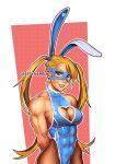  1girl abs animal_ears arms_behind_back blonde_hair blue_eyes blue_hairband blue_leotard breasts cleavage_cutout clothing_cutout commentary covered_abs effy_neprin english_commentary fishnets flexing hairband highres large_breasts leotard long_hair looking_at_viewer mask muscular muscular_female rabbit_ears rainbow_mika red_lips shiny_clothes simple_background smile solo street_fighter street_fighter_zero_(series) twintails two-tone_background veins veiny_arms very_long_hair 