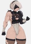 1girl black_blindfold black_hairband blindfold cleavage_cutout clenched_hands closed_mouth clothing_cutout hairband highleg highleg_leotard highres juliet_sleeves leotard lips long_sleeves muscular muscular_female nier_(series) nier_automata puffy_sleeves short_hair simple_background solo standing sweat thick_thighs thighhighs thighs torn_clothes torn_leotard torn_thighhighs white_hair yoracrab yorha_no._2_type_b 