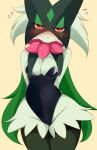  anthro ayatori blush breasts bunny_costume clothing costume embarrassed felid feline female fur generation_9_pokemon green_body hands_behind_back hi_res looking_at_viewer mammal medium_breasts meowscarada nintendo pokemon pokemon_(species) red_eyes shy simple_background solo standing 