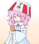  1girl 216 bangs blue_kimono closed_mouth eating food food_on_face holding holding_food japanese_clothes kfc kimono long_sleeves looking_at_viewer medium_hair pink_eyes pink_hair saigyouji_yuyuko smile solo touhou yellow_background 