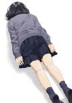  1girl arms_at_sides black_footwear black_skirt black_socks cardigan facing_down fingernails from_behind grey_cardigan long_sleeves lying mattaku_mousuke medium_hair on_stomach original pleated_skirt simple_background skirt socks solo white_background 