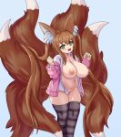  1girl :d animal_ear_fluff animal_ears blush breasts brown_hair cardigan commission fang fox_ears fox_girl fox_tail green_eyes highres inverted_nipples large_breasts long_hair multiple_tails nav_(itsnav) open_cardigan open_clothes open_mouth open_shirt original pink_cardigan plump plushmallow shortstack simple_background smile solo striped striped_thighhighs tail thick_thighs thighhighs thighs twintails very_long_hair 