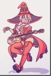  alternate_hair_color belt black_gloves blonde_hair boots breasts cleavage crop_top fingerless_gloves glasses gloves guilty_gear guitar hat highres holding holding_instrument i-no instrument large_breasts mole open_mouth red_headwear shirt short_hair short_shorts shorts tan thigh_boots white_shirt witch_hat zuizou 