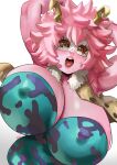  2023 amber_eyes antennae_(anatomy) artist_name ashido_mina bare_shoulders big_breasts blush bodysuit breasts cleavage clothed clothing eyelashes female hair hi_res horn horned_humanoid huge_breasts humanoid jacket mask my_hero_academia nipple_outline noblood not_furry open_mouth pink_body pink_hair pink_skin raised_arms short_hair signature simple_background skinsuit solo teeth tight_clothing tongue topwear white_background 