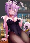 1girl absurdres ahoge animal_ear_fluff animal_ears bangs bar_(place) bare_shoulders black_collar black_leotard black_pantyhose blush breasts cat_ears cat_girl cat_tail cleavage closed_mouth collar crossed_bangs fake_animal_ears hair_between_eyes highres hololive large_breasts leotard nekomata_okayu onigirya_(nekomata_okayu) pantyhose parijennu222 playboy_bunny purple_eyes purple_hair rabbit_ears short_hair smile solo strapless strapless_leotard tail virtual_youtuber wrist_cuffs 