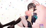  1girl armband ayane_(blue_archive) azisai balloon bean_bag_chair black_footwear black_hair black_jacket black_skirt black_socks blue_archive blush braid closed_mouth confetti crown_braid glasses hair_ornament halo happy_birthday heart_balloon highres jacket kneehighs loafers long_sleeves looking_at_viewer miniskirt open_clothes open_jacket pointy_ears red-framed_eyewear semi-rimless_eyewear shirt shoes short_hair sidelocks sitting skirt smile socks solo sweater sweater_vest white_background white_shirt yellow_sweater 