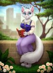  anthro blue_eyes book building castle clothed clothing cloud dolphydolphiana domestic_cat dreamworks dress dulcinea_(puss_in_boots) felid feline felis female flower fluffy fluffy_tail grass hi_res holding_book holding_object house leaf looking_away mammal pink_nose plant sitting_on_wall sky smile solo tail the_adventures_of_puss_in_boots tree 