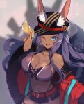  1girl animal_ear_fluff animal_ears aqua_eyes black_headwear breasts cleavage crop_top dark-skinned_female dark_skin ears_through_headwear fang fate/grand_order fate_(series) fur-trimmed_jacket fur_trim halterneck hand_up hat highleg highleg_panties highres honda_tamanosuke jacket large_breasts long_hair looking_at_viewer miniskirt navel one_eye_closed open_clothes open_jacket open_mouth panties purple_hair queen_of_sheba_(fate) red_jacket skirt solo underwear 