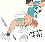  +_- 1boy absurdres badminton_racket ball bandaid bara basketball collared_shirt costume_request facial_hair full_body goatee highres laserbiubiu leg_hair long_sideburns male_focus nike original pink_pupils racket rugby_ball shirt shoes short_hair sideburns sneakers soccer_ball solo thick_thighs thighs 