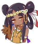  1girl bangs bare_shoulders black_hair brown_eyes brown_gloves character_request check_copyright closed_mouth commentary_request copyright_request cropped_torso dark-skinned_female dark_skin double_bun gloves hair_bun hair_rings hand_up highres long_hair naga_u parted_bangs sekaiju_no_meikyuu short_eyebrows sidelocks simple_background smile solo thick_eyebrows upper_body white_background 