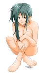  asymmetrical_hair barefoot breasts cleavage feet green_hair hair_censor hair_over_breasts indian_style legs lips long_hair medium_breasts nude original ryouzou shiny shiny_skin signature simple_background sitting smile solo yellow_eyes 