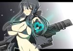  arm_cannon bikini_top black_hair black_rock_shooter black_rock_shooter_(character) black_rock_shooter_(character)_(cosplay) blush breasts cosplay gloves glowing glowing_eyes gun hair_ribbon headphones heart jacket large_breasts long_hair necktie ponytail ribbon solo vocaloid voyakiloid wakame weapon yowane_haku 