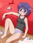  barefoot blush bra cup glasses hidamari_sketch ki_(adotadot) lingerie mechanical_pencil mouth_hold mug panties paper pencil polka_dot purple_eyes purple_hair sae solo tank_top underwear 